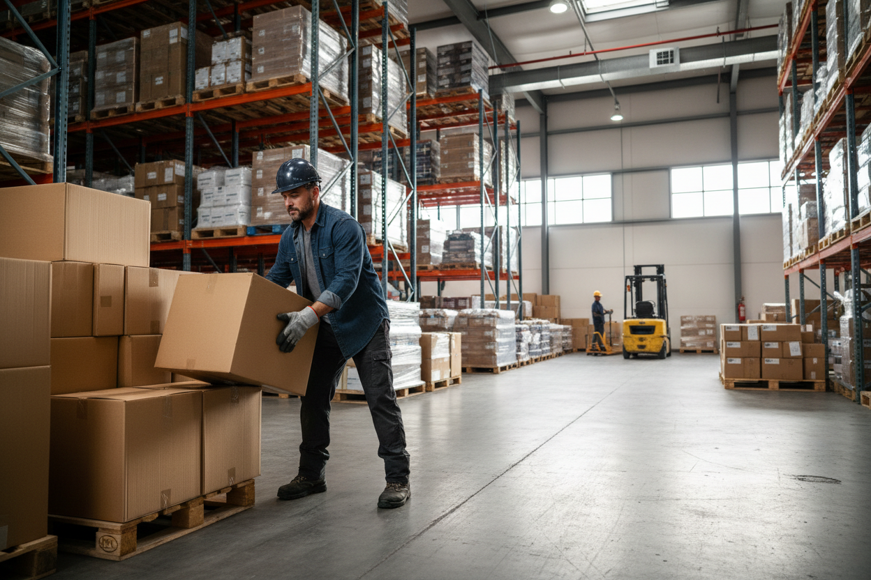 一个工业搬运的场景，美国的蓝领男人，在搬运箱子。