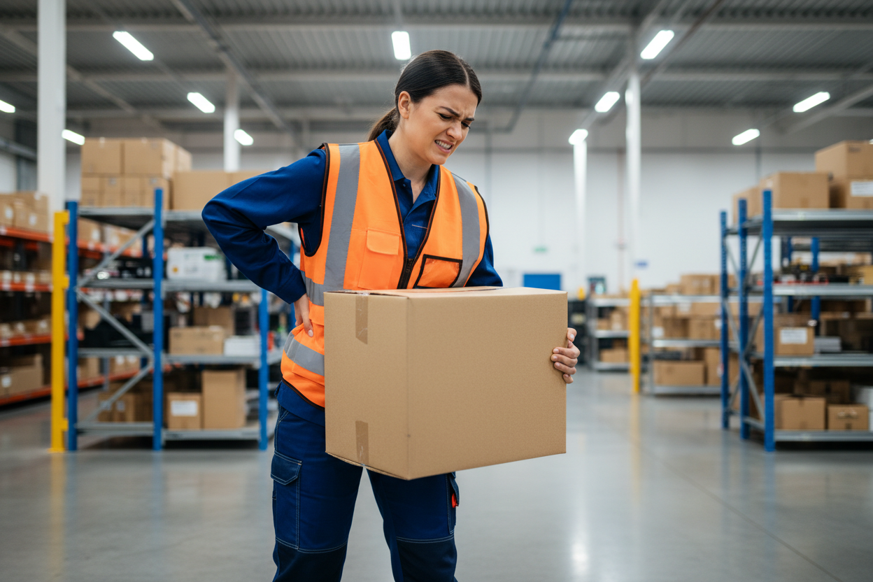 a girl lifting a big box showing she has pain in the lumbar back. She is at the factory dresses in work clothes