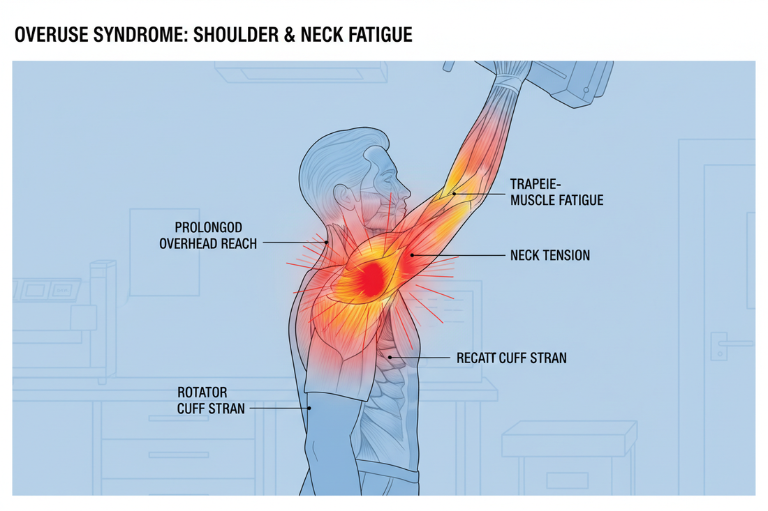 Prolonged arm lifting causes shoulder and neck fatigue